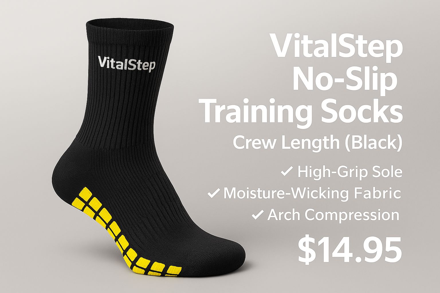 Title: VitalStep No-Slip Training Socks Crew Black with Yellow Grip