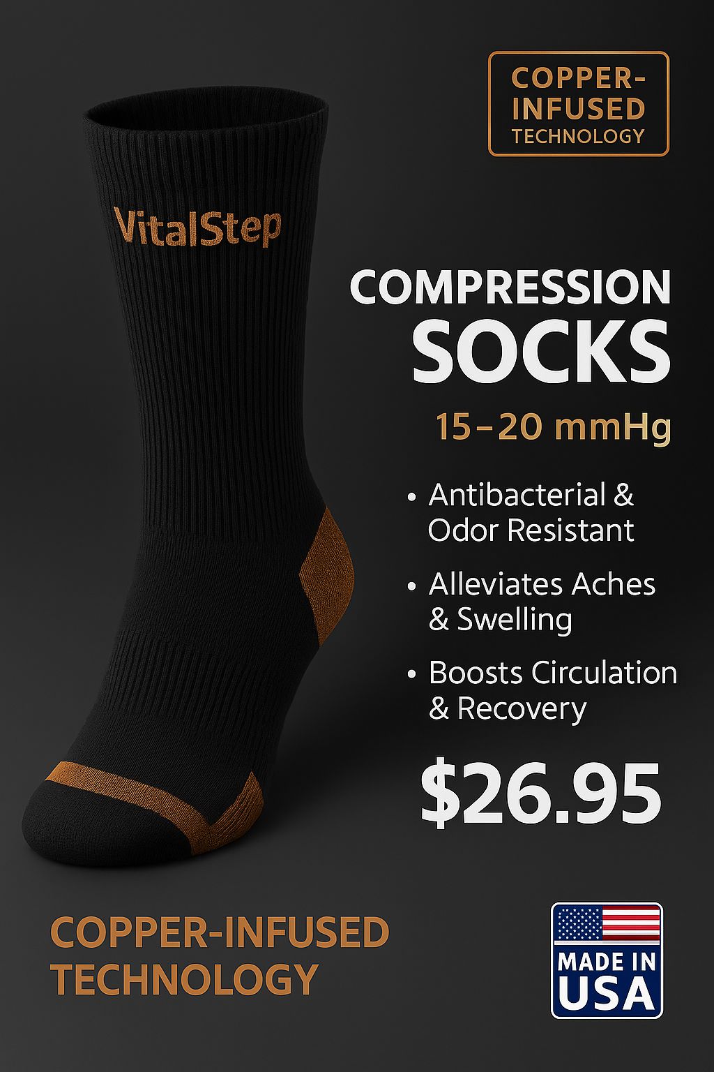 VitalStep Copper-Infused Compression Socks Antibacterial Recovery Edition