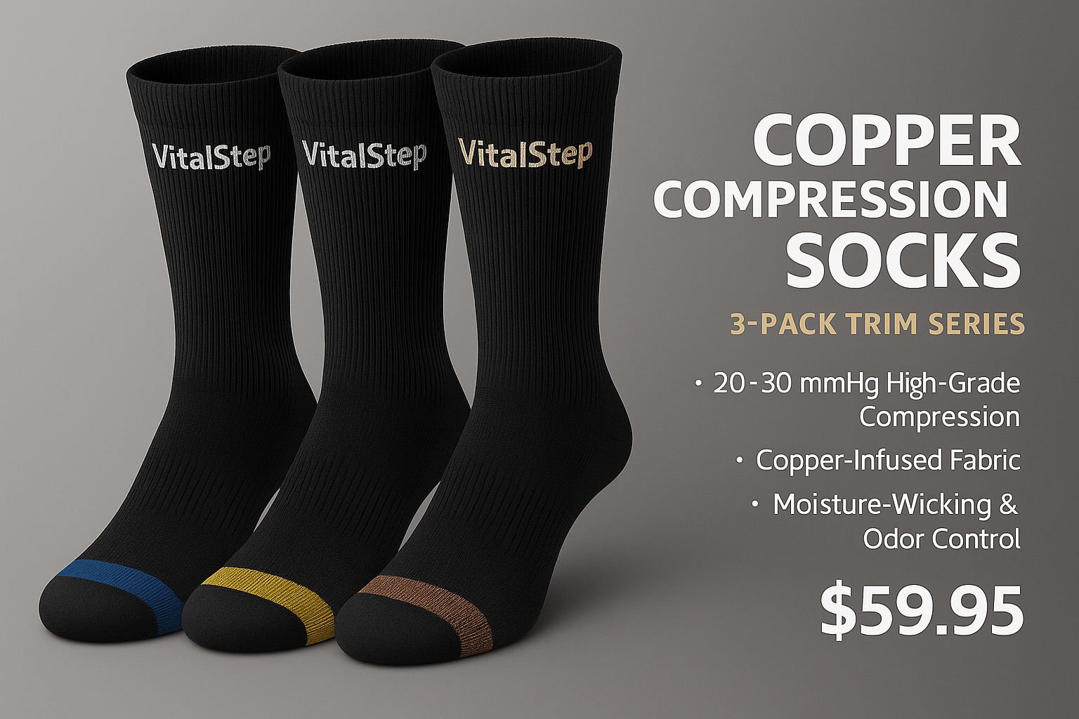 VitalStep Copper Compression Socks 3-Pack (Blue, Yellow, Copper Trim)